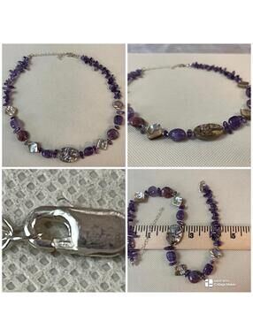 Sterling Silver Abalone, Amethyst Chips & Nuggets  Necklace !! 16”-19” Inch